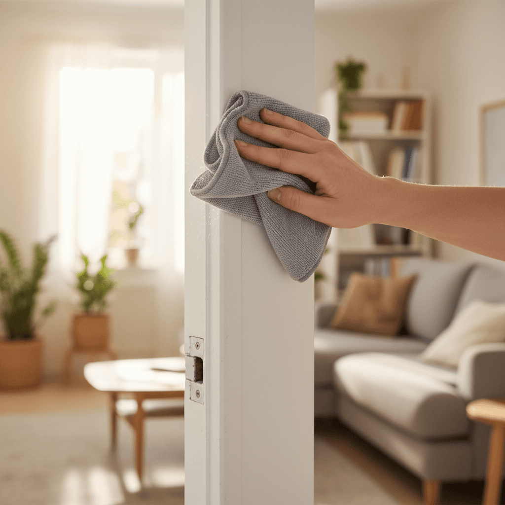 Hand dusting the top of a door frame