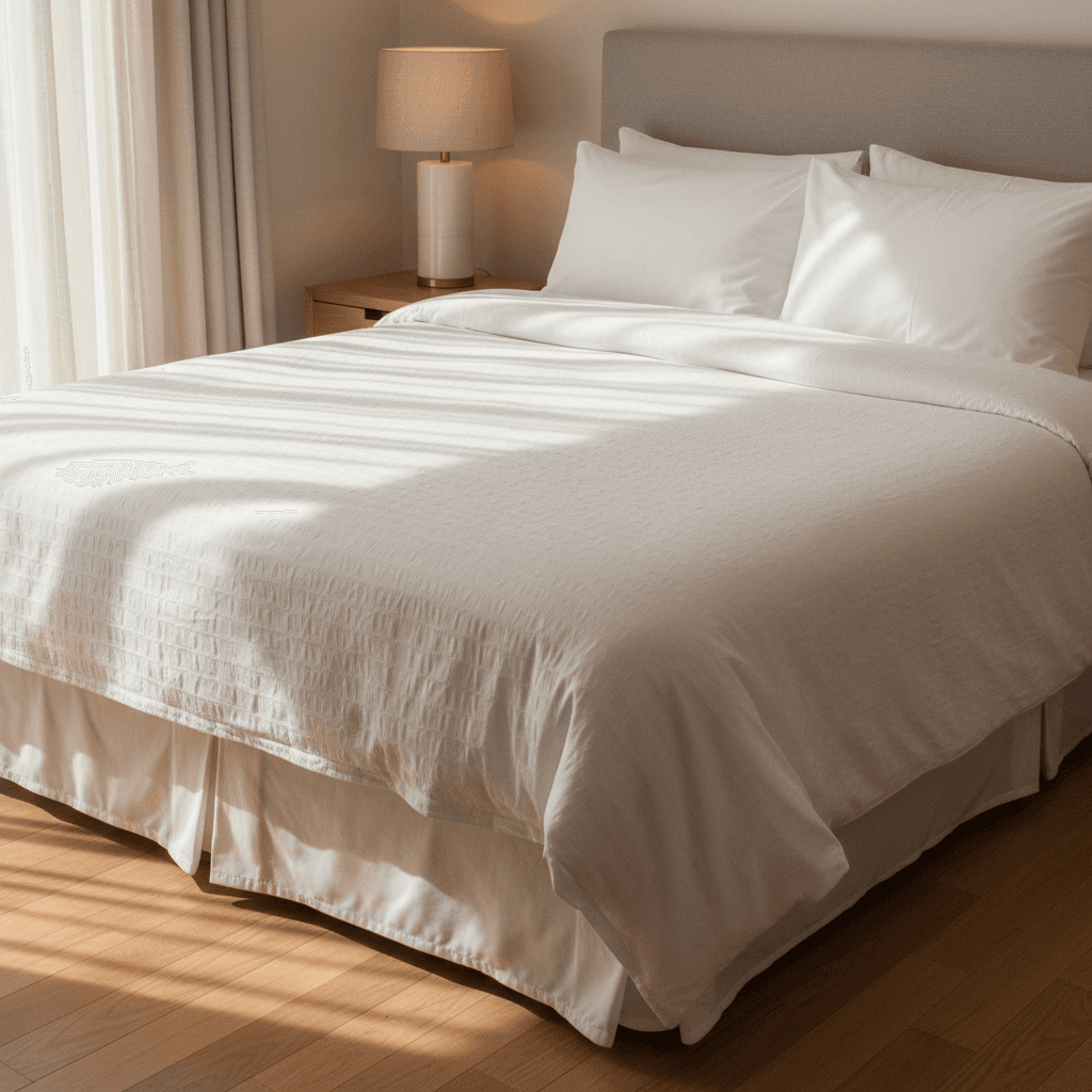 Freshly made guest bed with hospital corners