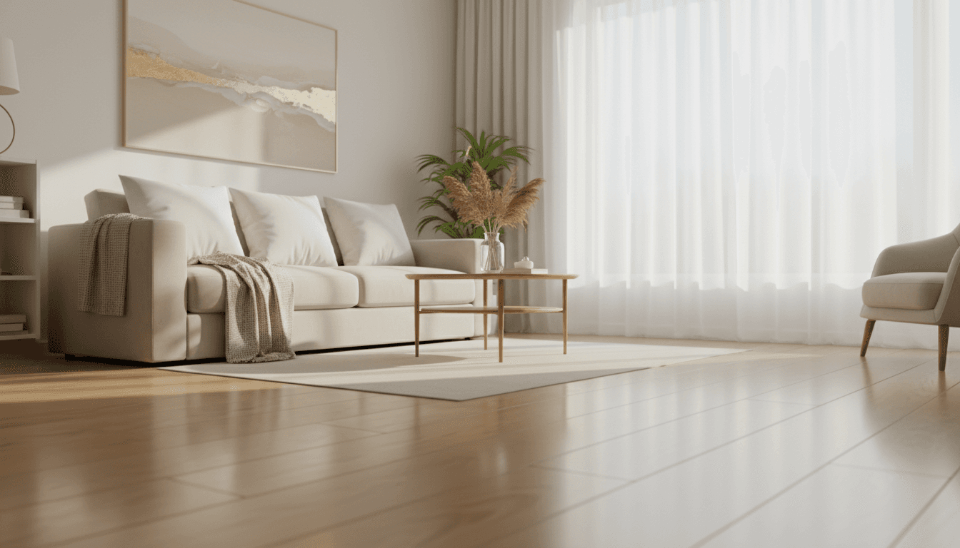 Sunlit living room after a professional deep clean, neat and photo-ready