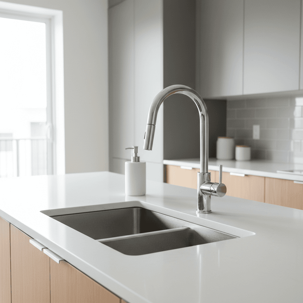 Clean stainless steel kitchen sink and counter