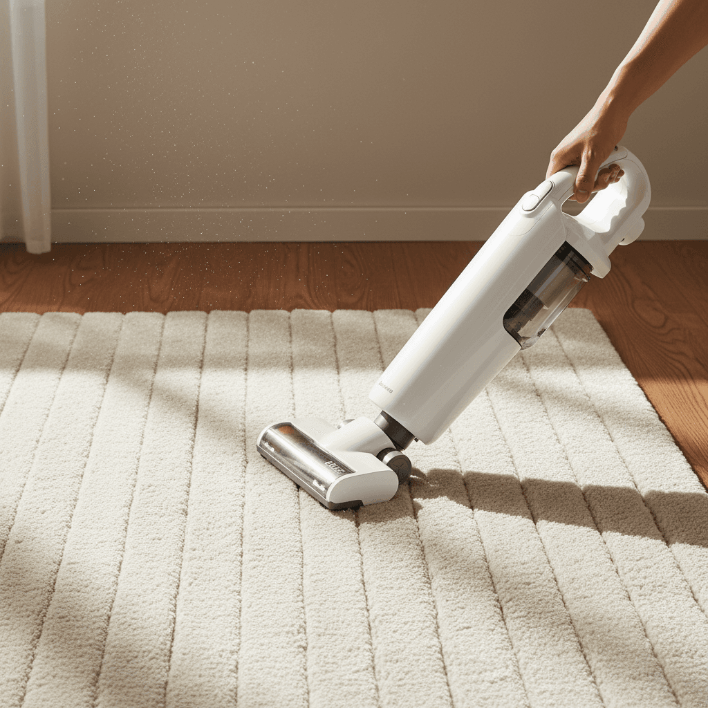 Vacuuming a plush rug in a living room