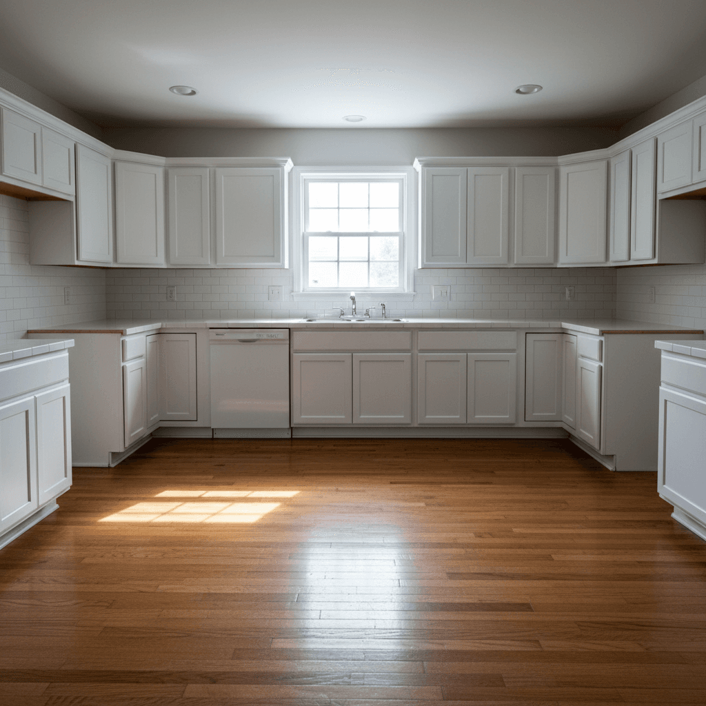 Empty kitchen after a deep cleaning, every surface gleaming