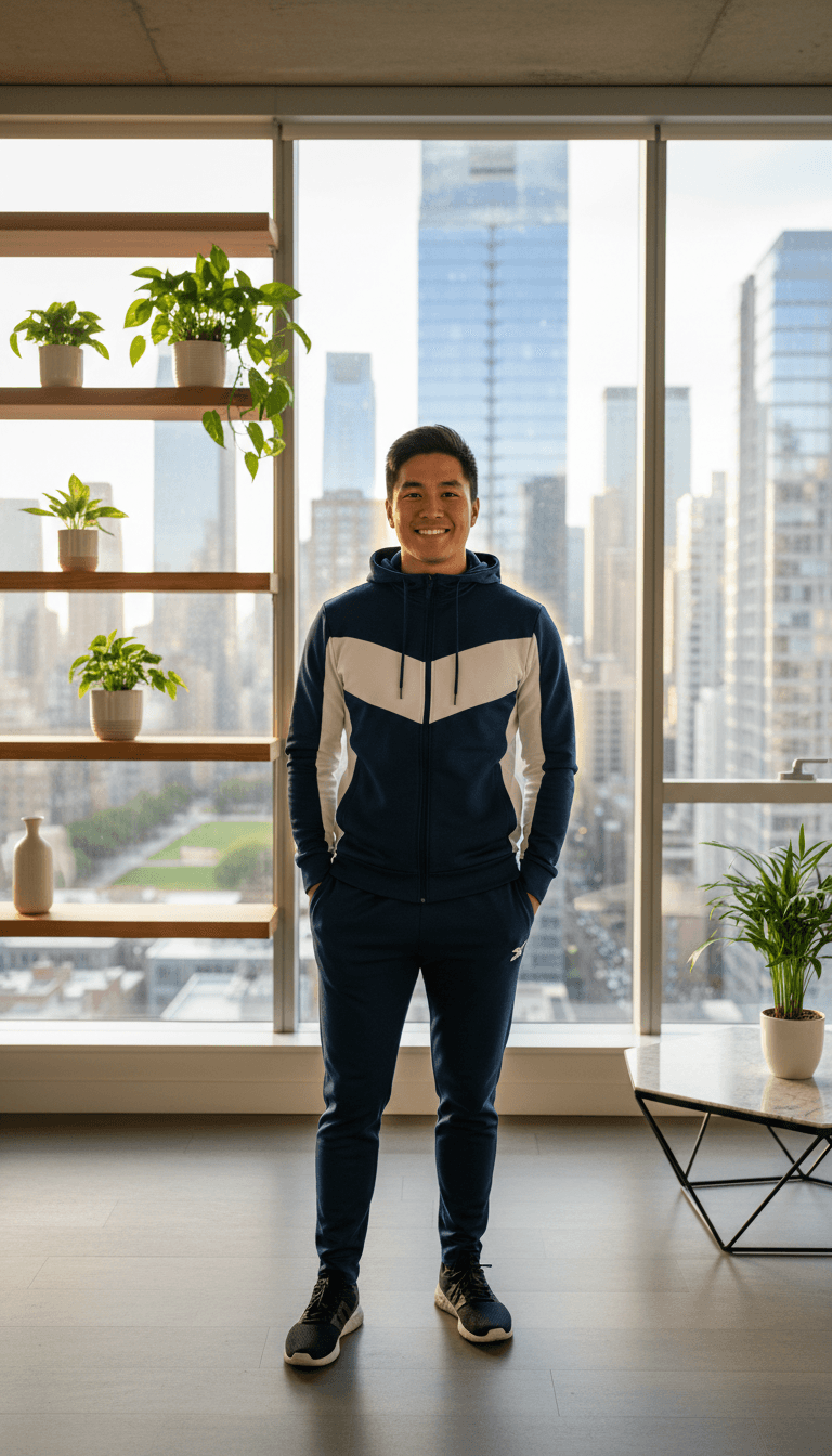 Juan Valencia in a sunlit living room with microfiber cloth, ready to clean