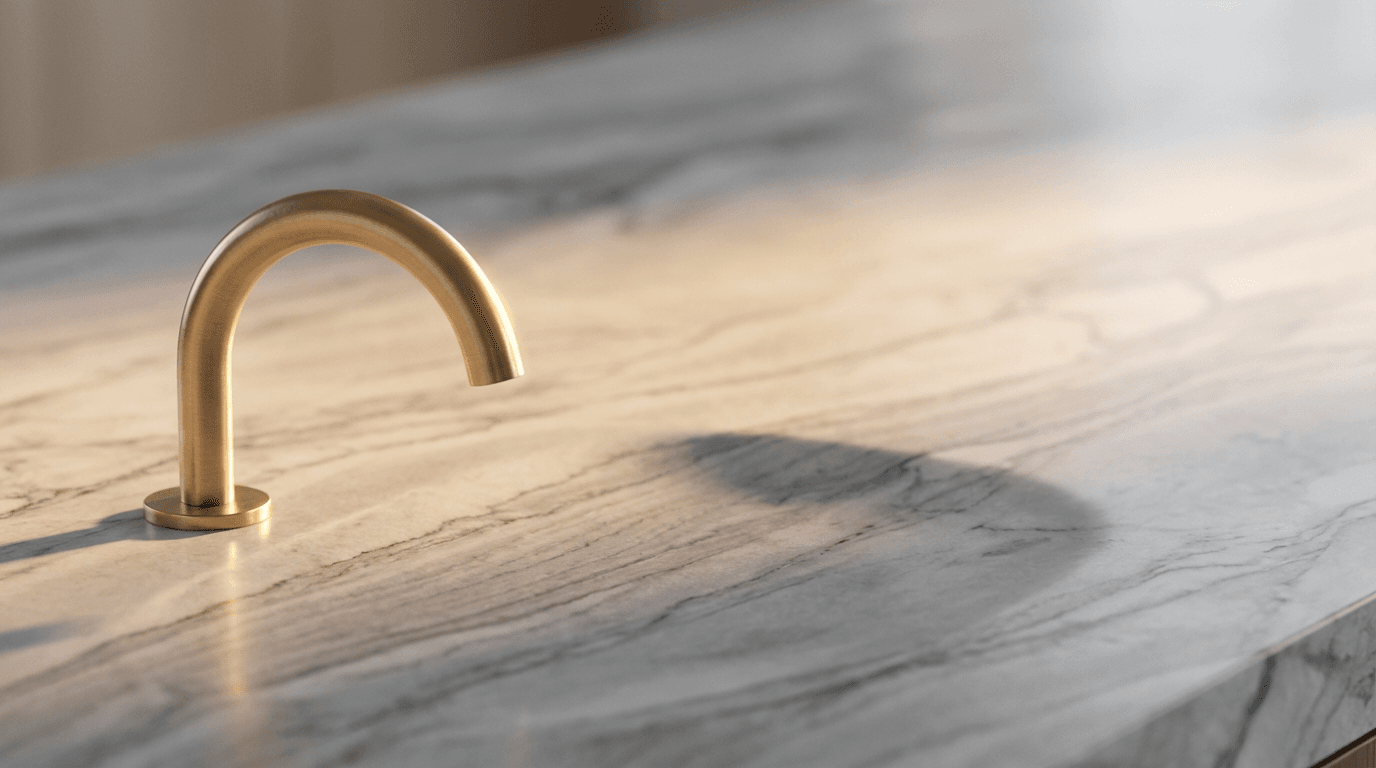 Close-up of a polished granite countertop with a single water droplet and sunlight creating a reflective shine