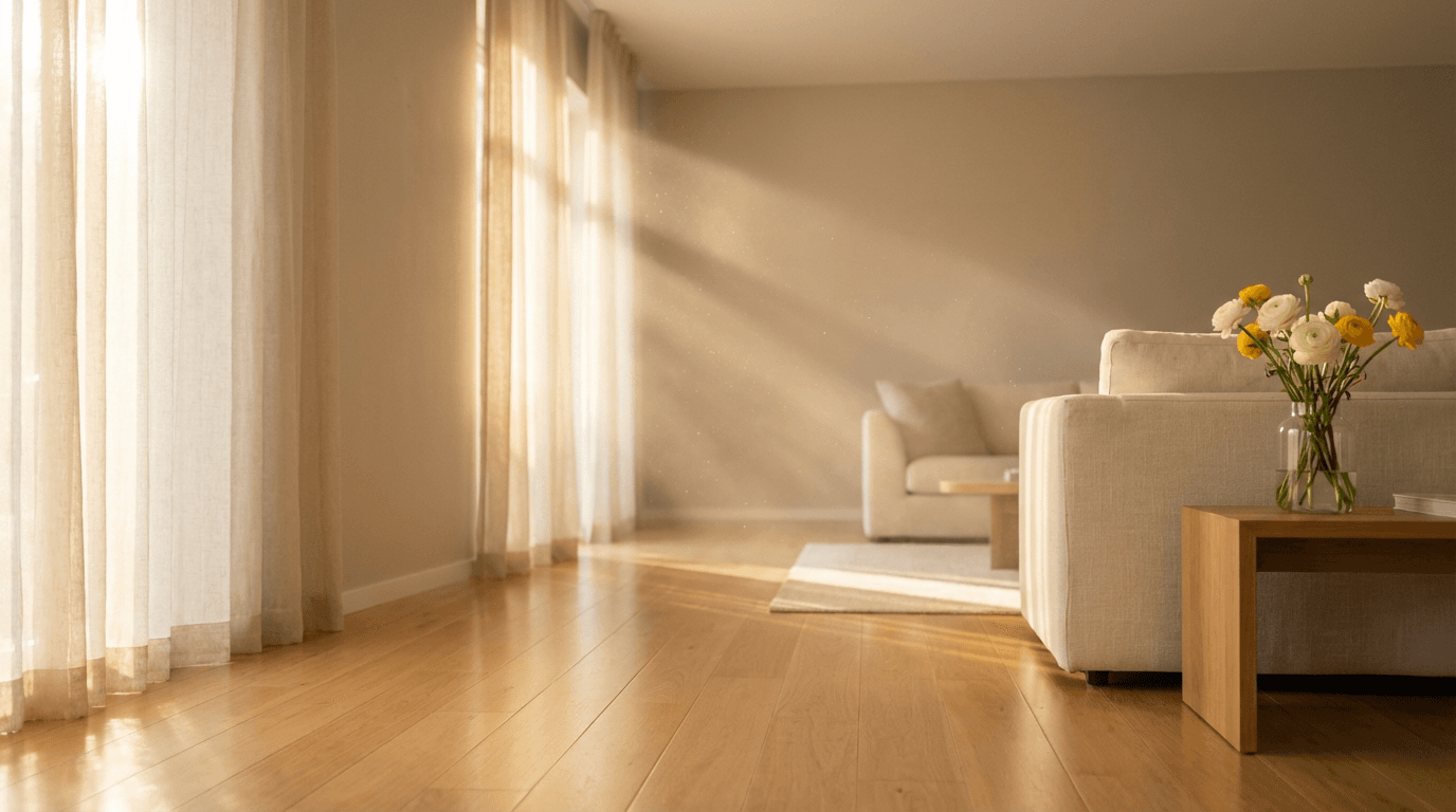 Pristine living room with sunlight streaming through windows after a professional deep clean