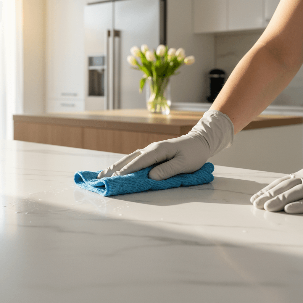 Hand polishing a clean kitchen countertop with a microfiber cloth