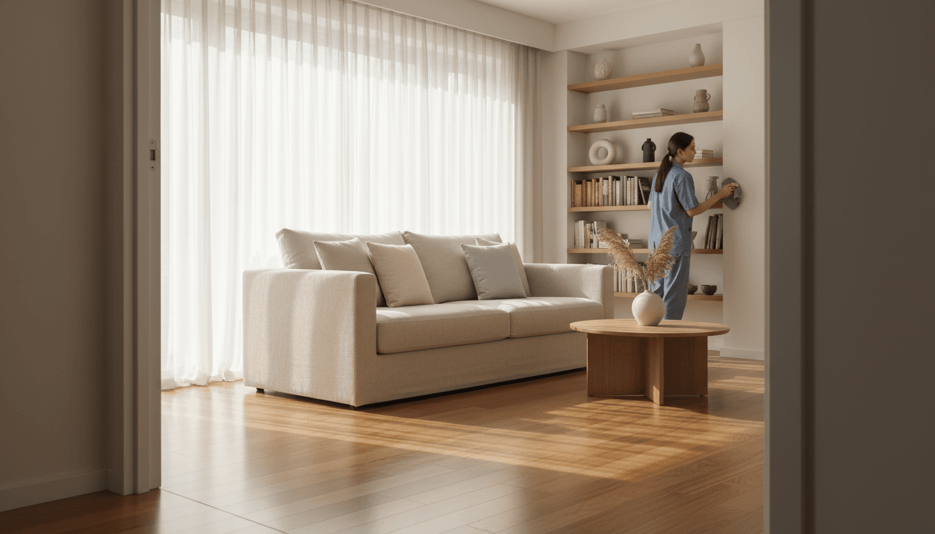 Living room after a deep clean, showing polished floors and dust-free surfaces