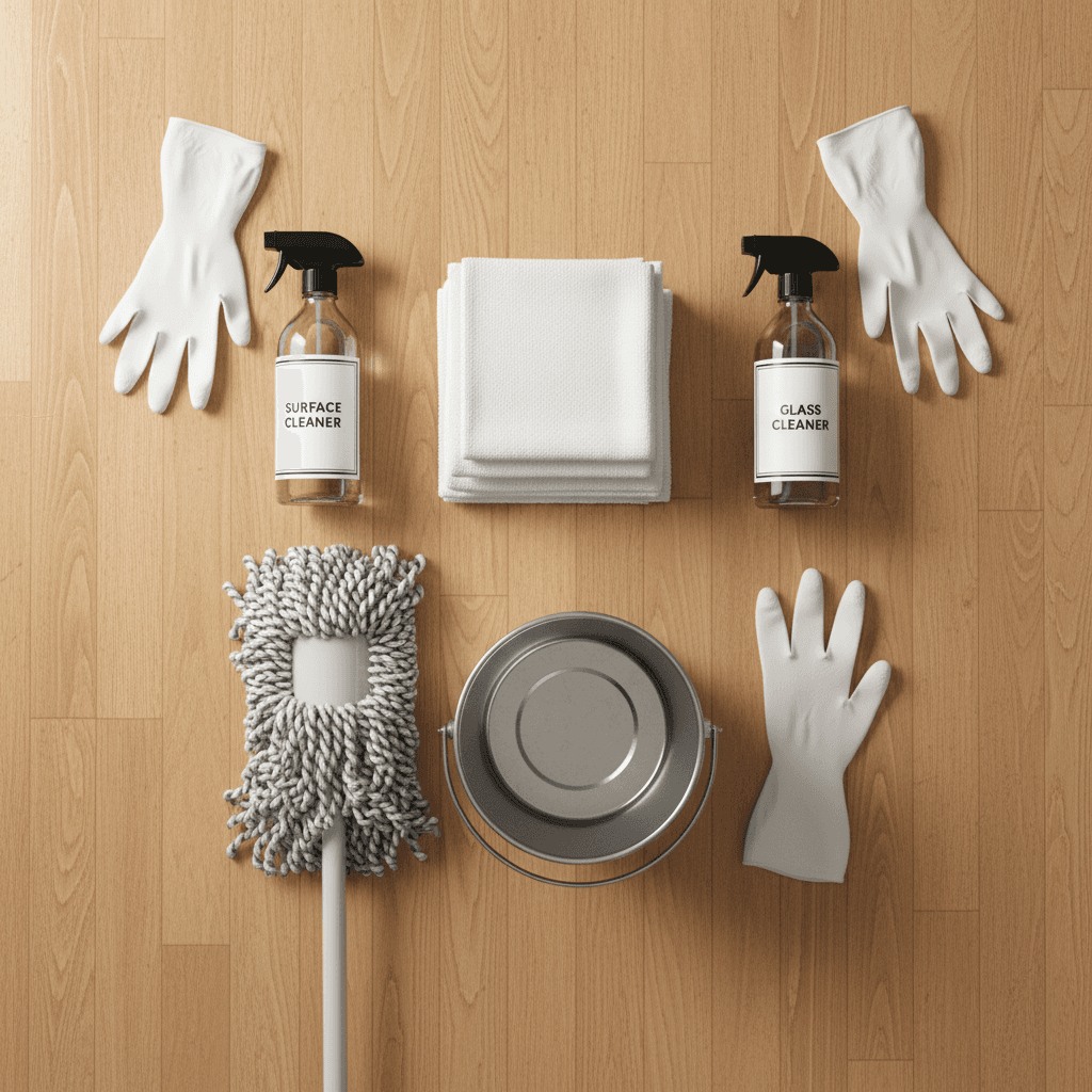 Cleaning tools arranged neatly on a polished hardwood floor