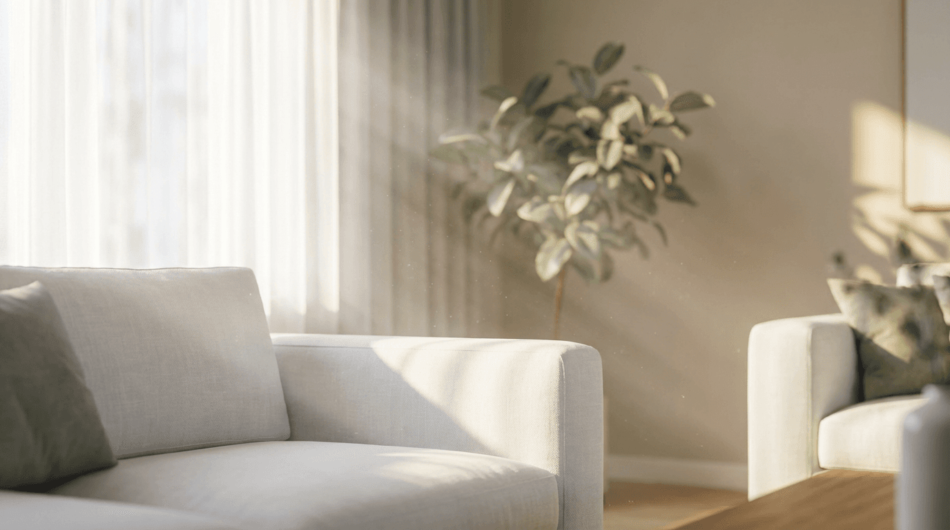 Sunlit living room with cleaning supplies ready, empty and pristine