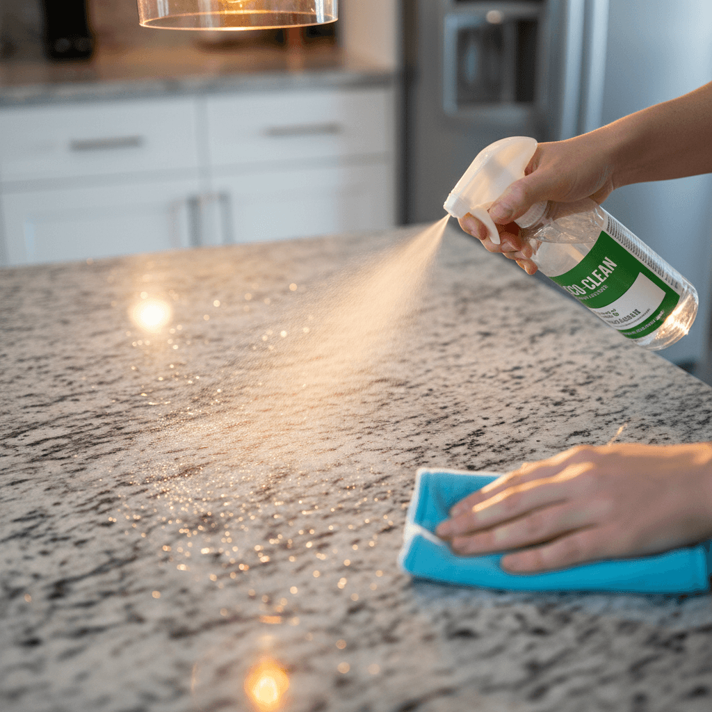 Close-up of a kitchen countertop being wiped clean